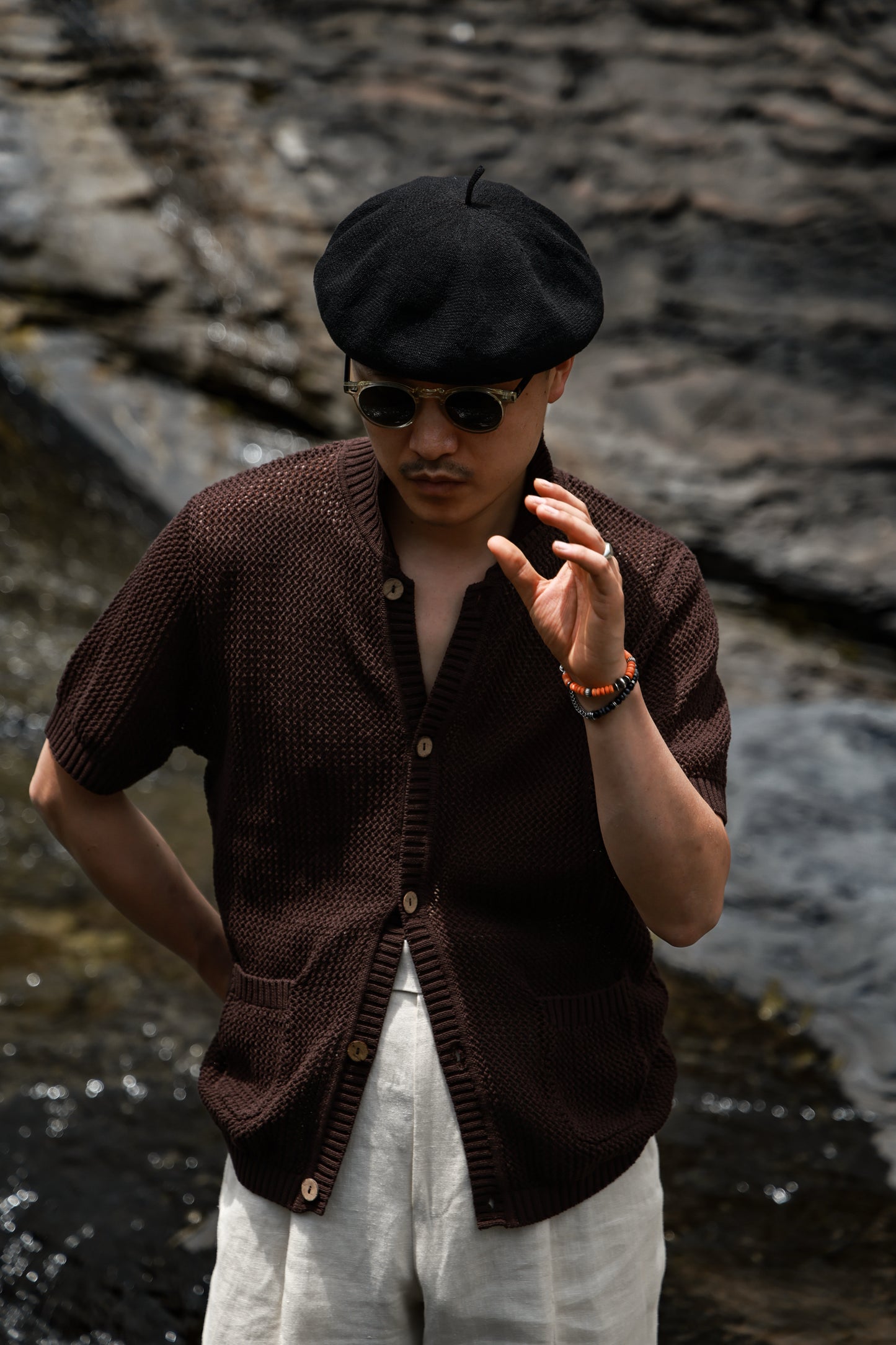 Openwork Hard-Twist Cotton Short-Sleeve Cardigan — Palm Stain