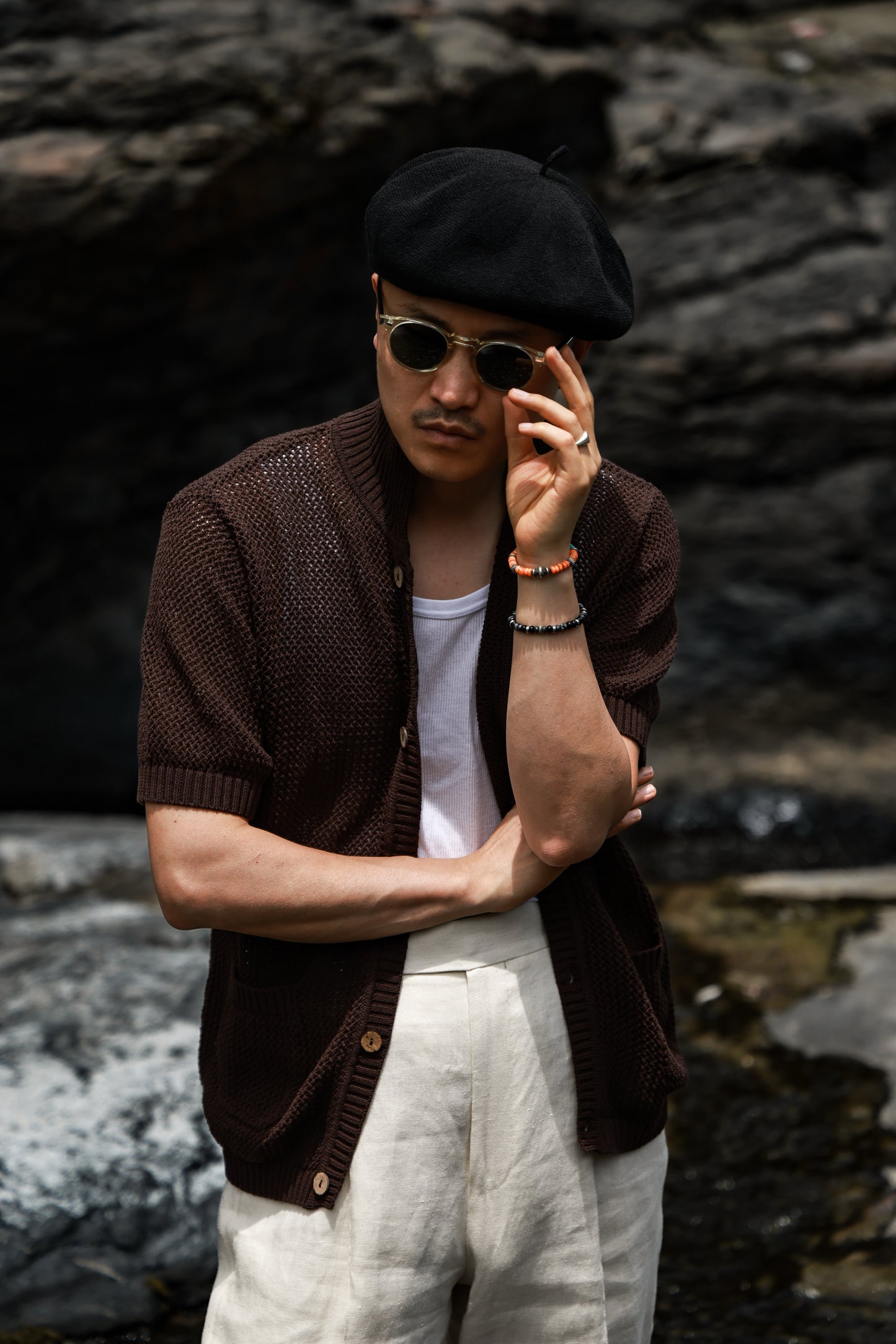 Openwork Hard-Twist Cotton Short-Sleeve Cardigan — Palm Stain