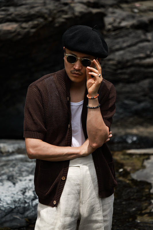 Openwork Hard-Twist Cotton Short-Sleeve Cardigan — Palm Stain