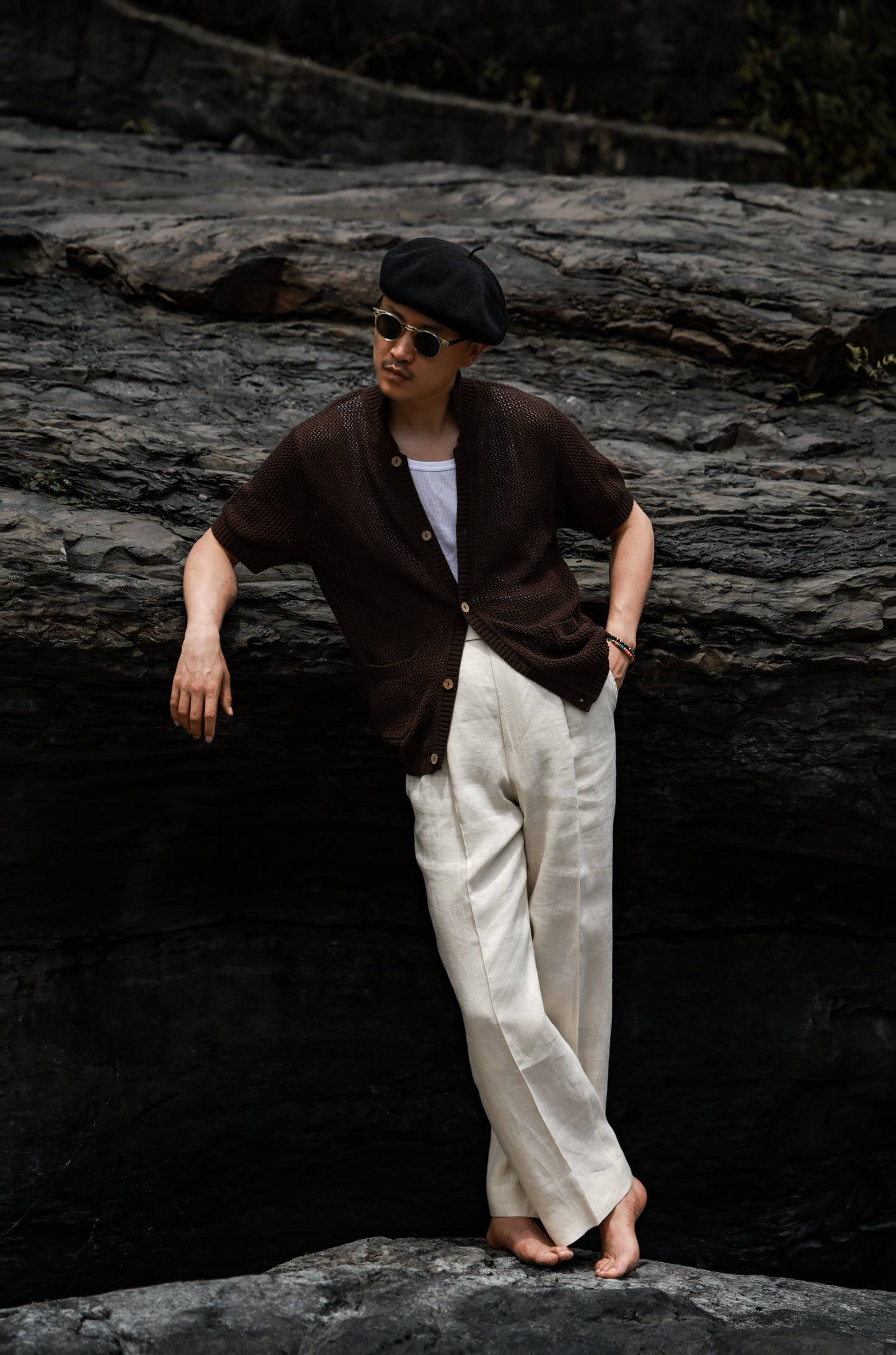 Openwork Hard-Twist Cotton Short-Sleeve Cardigan — Palm Stain