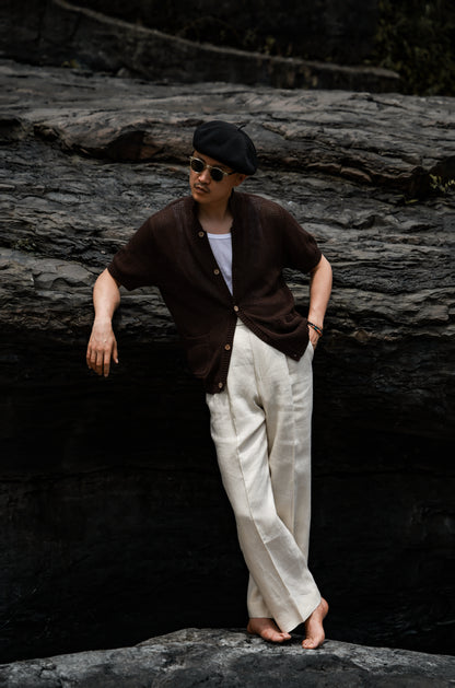 Openwork Hard-Twist Cotton Short-Sleeve Cardigan — Palm Stain