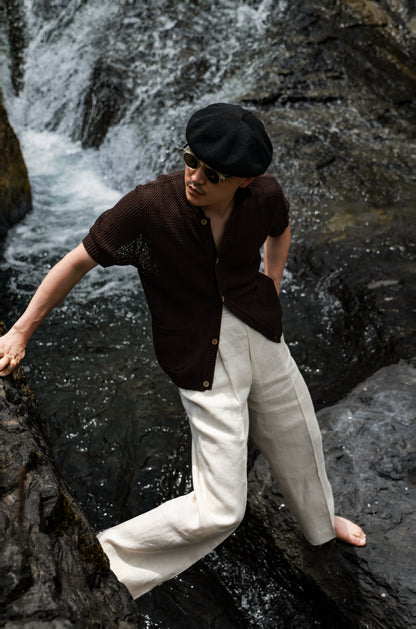 Openwork Hard-Twist Cotton Short-Sleeve Cardigan — Palm Stain