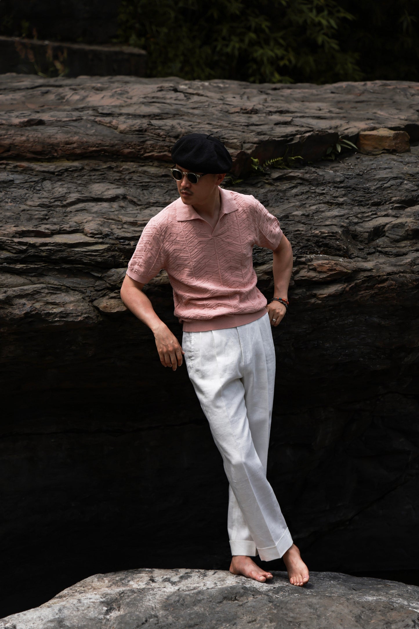 Pine-Texture High-Twist Cotton Short-Sleeve Polo — Coral Rock