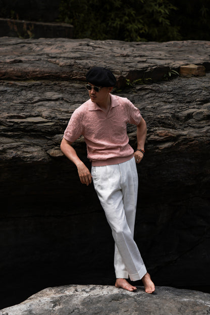 Pine-Texture High-Twist Cotton Short-Sleeve Polo — Coral Rock
