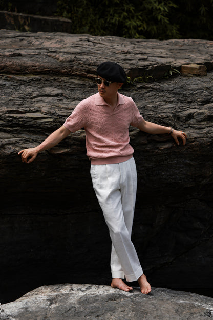 Pine-Texture High-Twist Cotton Short-Sleeve Polo — Coral Rock
