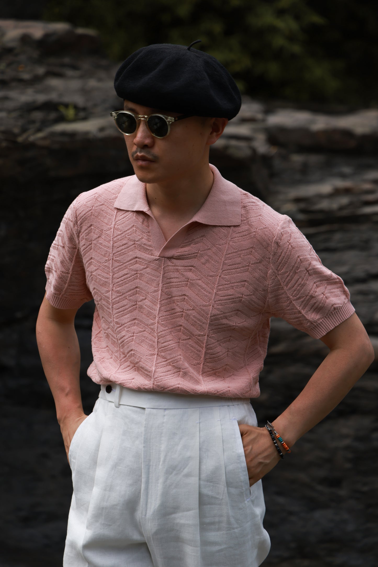 Pine-Texture High-Twist Cotton Short-Sleeve Polo — Coral Rock