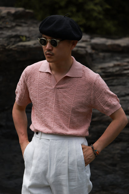 Pine-Texture High-Twist Cotton Short-Sleeve Polo — Coral Rock