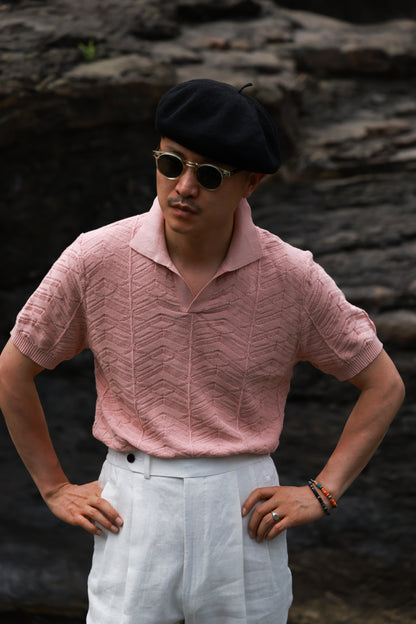Pine-Texture High-Twist Cotton Short-Sleeve Polo — Coral Rock