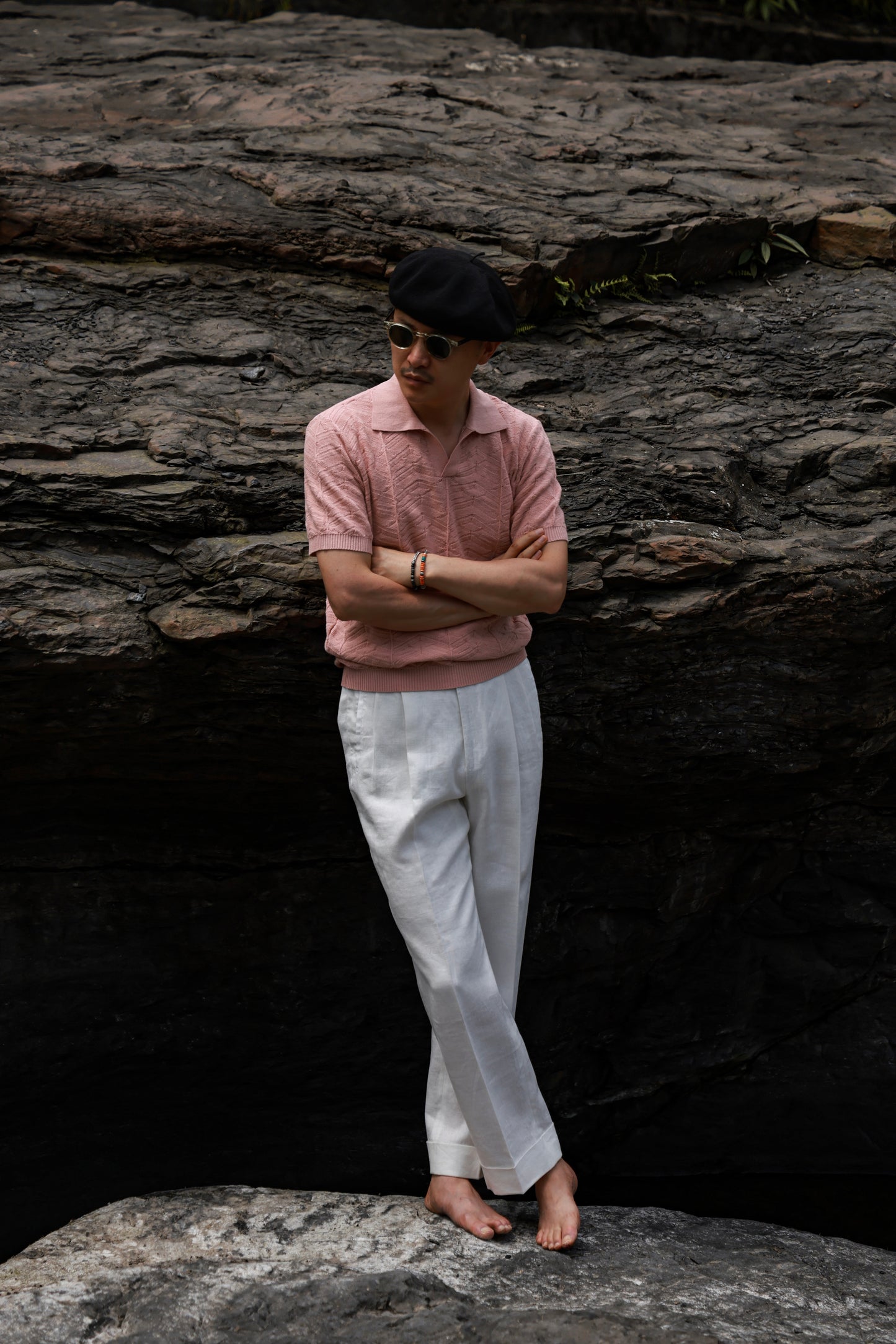 Pine-Texture High-Twist Cotton Short-Sleeve Polo — Coral Rock