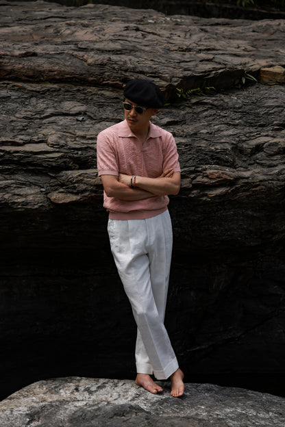 Pine-Texture High-Twist Cotton Short-Sleeve Polo — Coral Rock