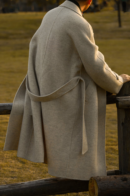 "Misty White" belted double-breasted double-faced wool coat 