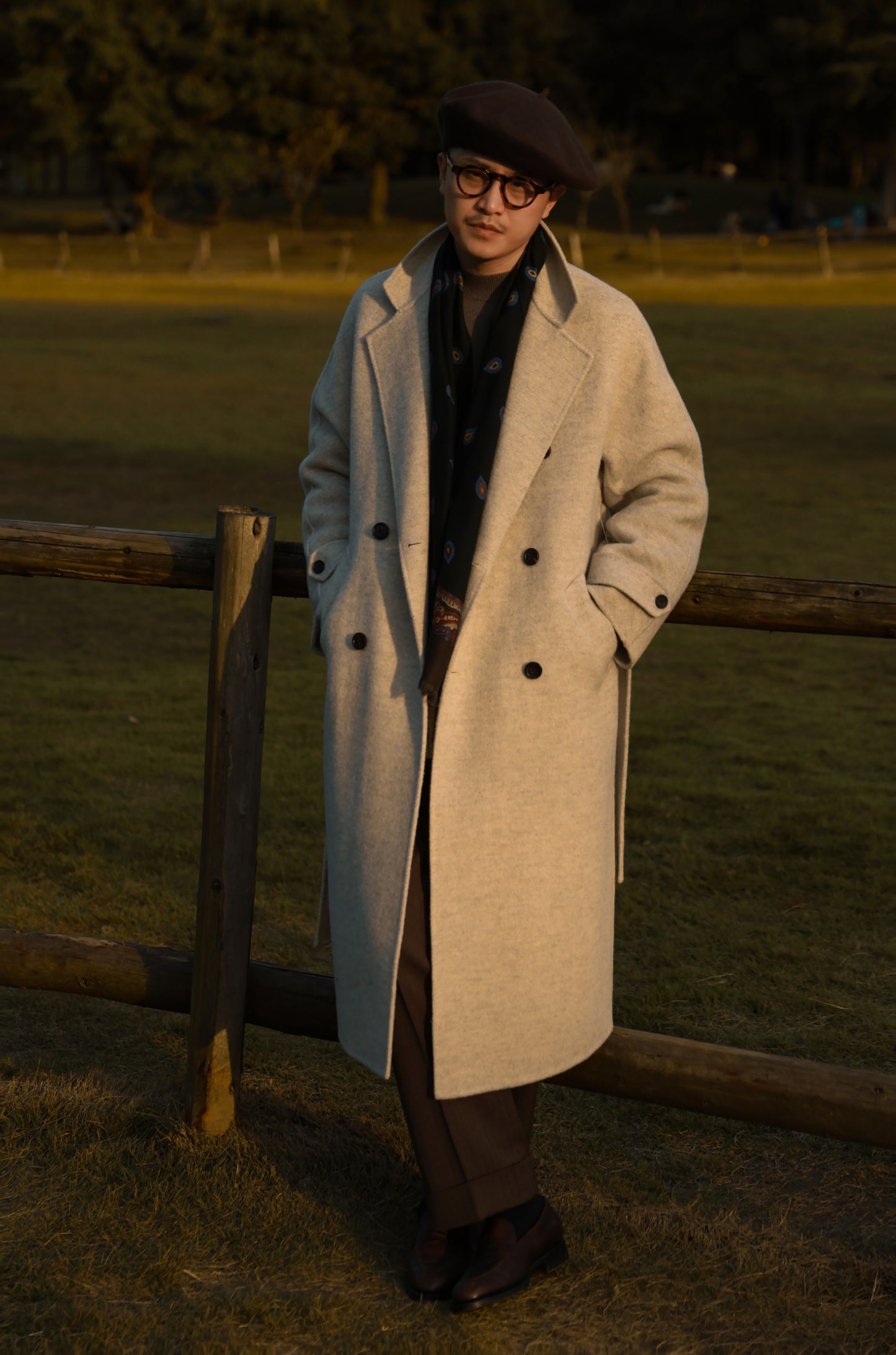 "Misty White" belted double-breasted double-faced wool coat 