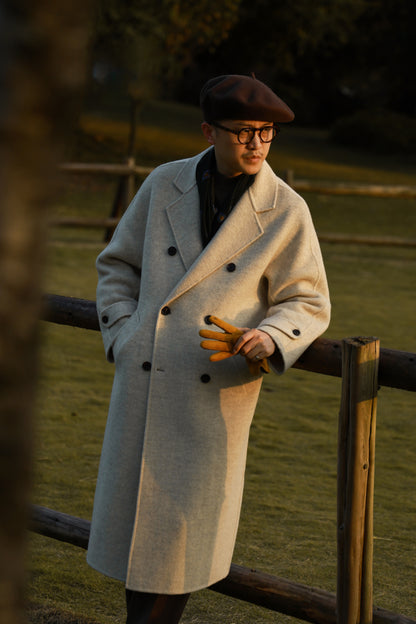 "Misty White" belted double-breasted double-faced wool coat 