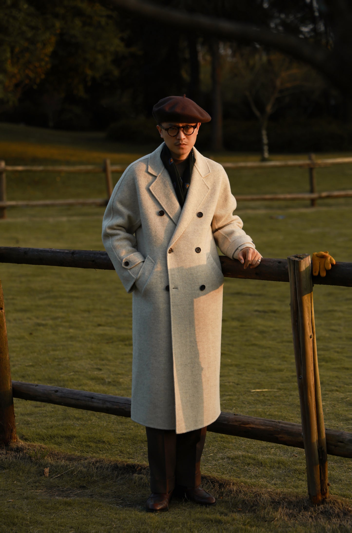 "Misty White" belted double-breasted double-faced wool coat 