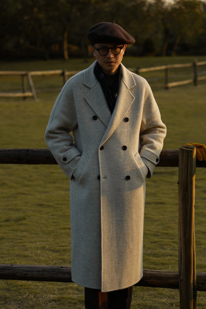 "Misty White" belted double-breasted double-faced wool coat 