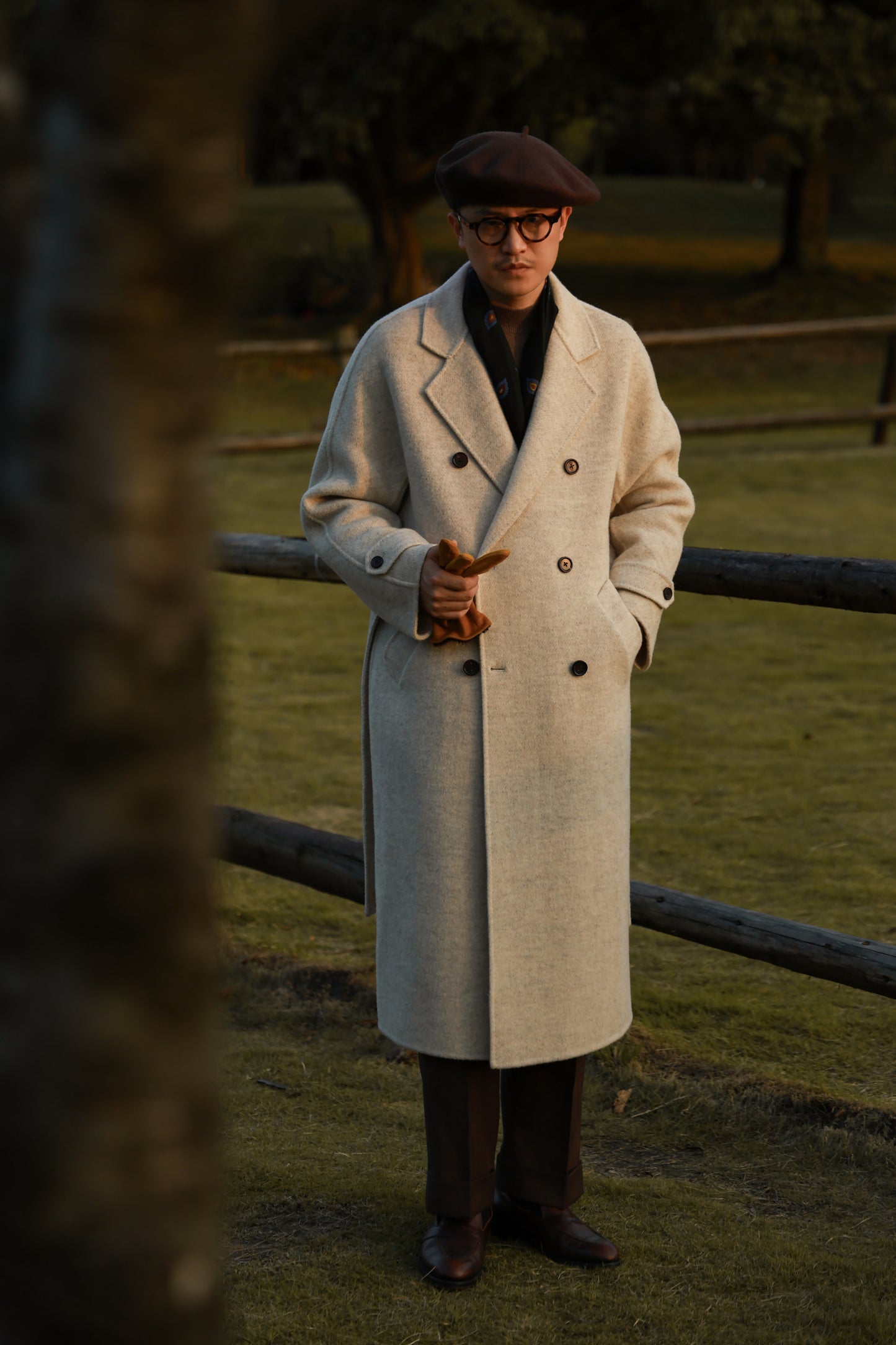 "Misty White" belted double-breasted double-faced wool coat 