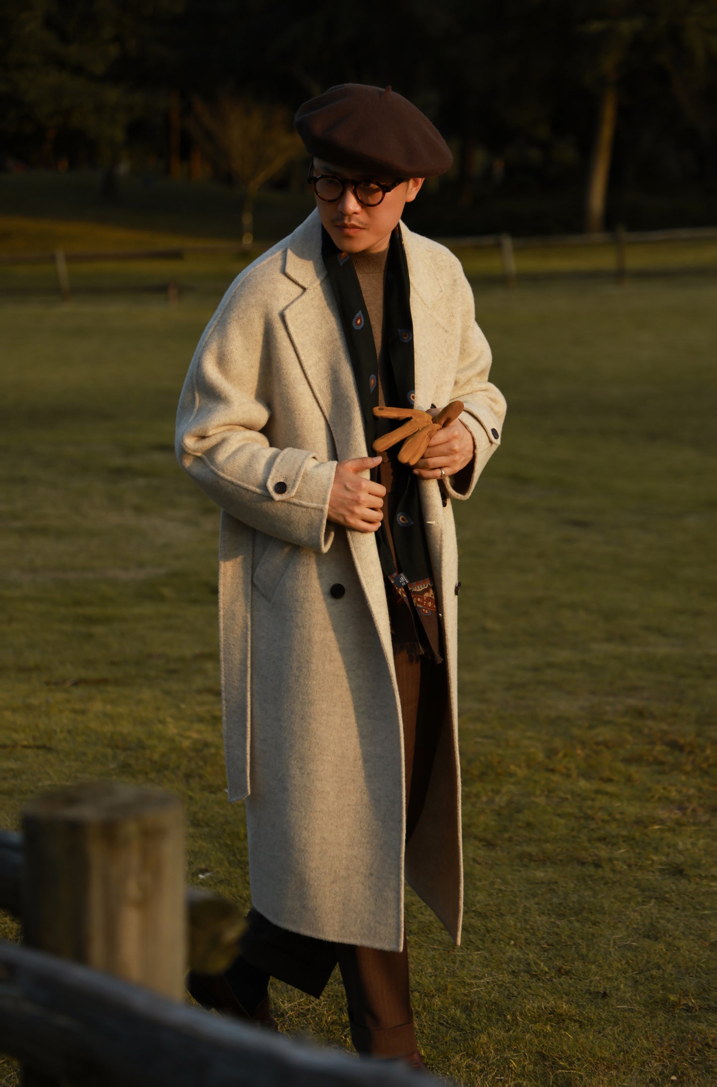 "Misty White" belted double-breasted double-faced wool coat 