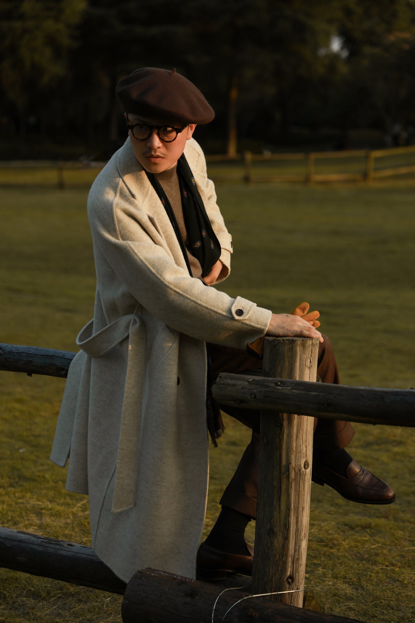 "Misty White" belted double-breasted double-faced wool coat 