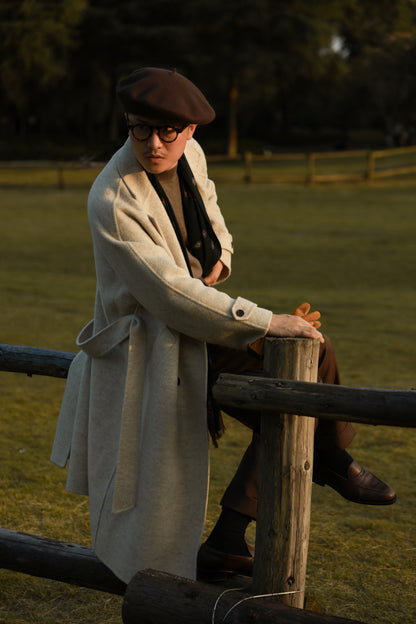 "Misty White" belted double-breasted double-faced wool coat 