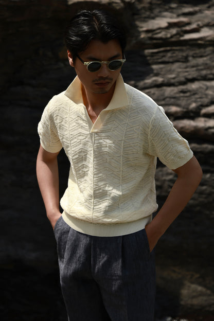 Pine-Texture High-Twist Cotton Short-Sleeve Polo — Limestone Ivory