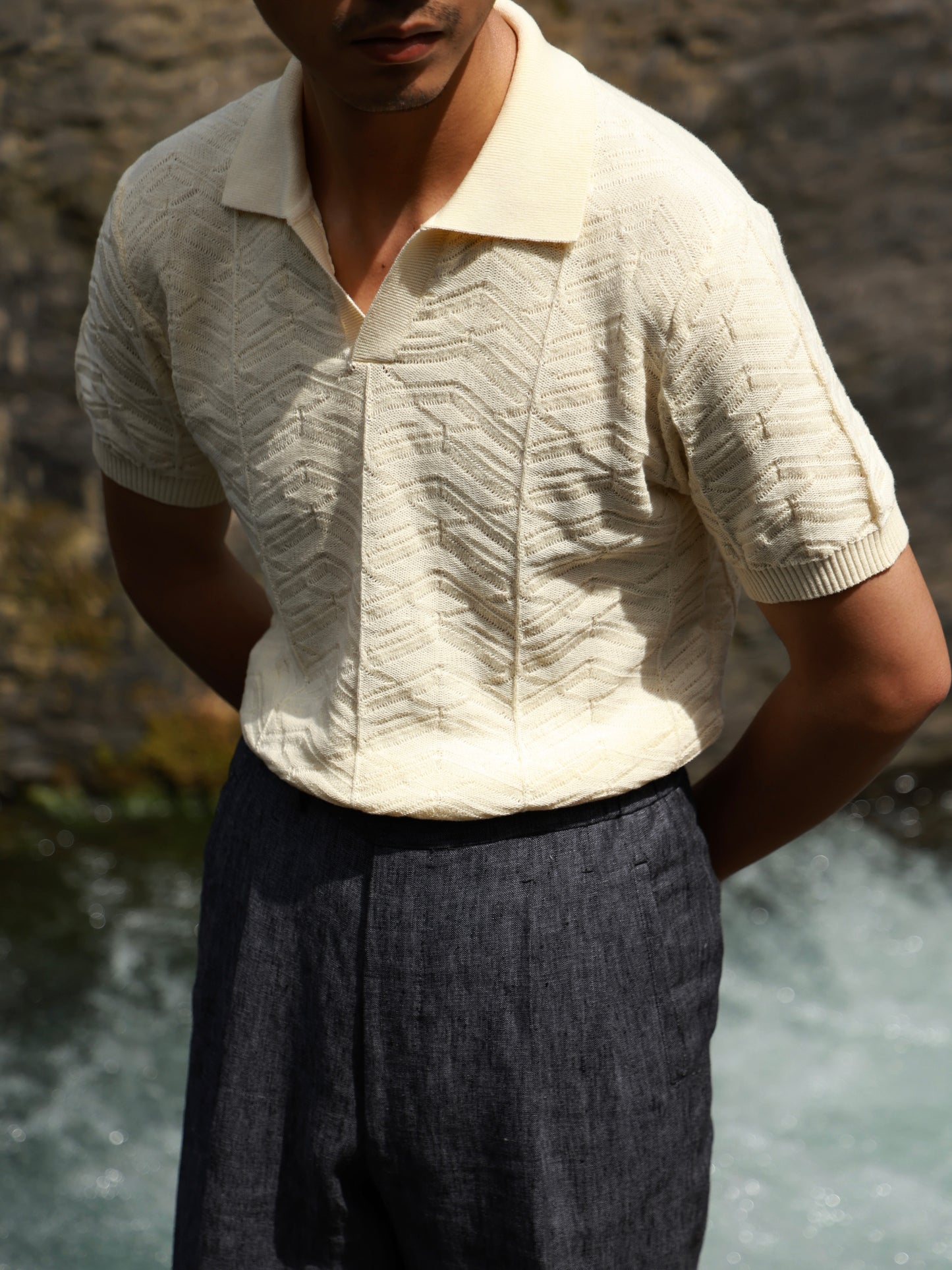 Pine-Texture High-Twist Cotton Short-Sleeve Polo — Limestone Ivory