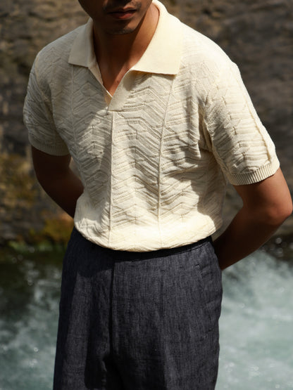Pine-Texture High-Twist Cotton Short-Sleeve Polo — Limestone Ivory