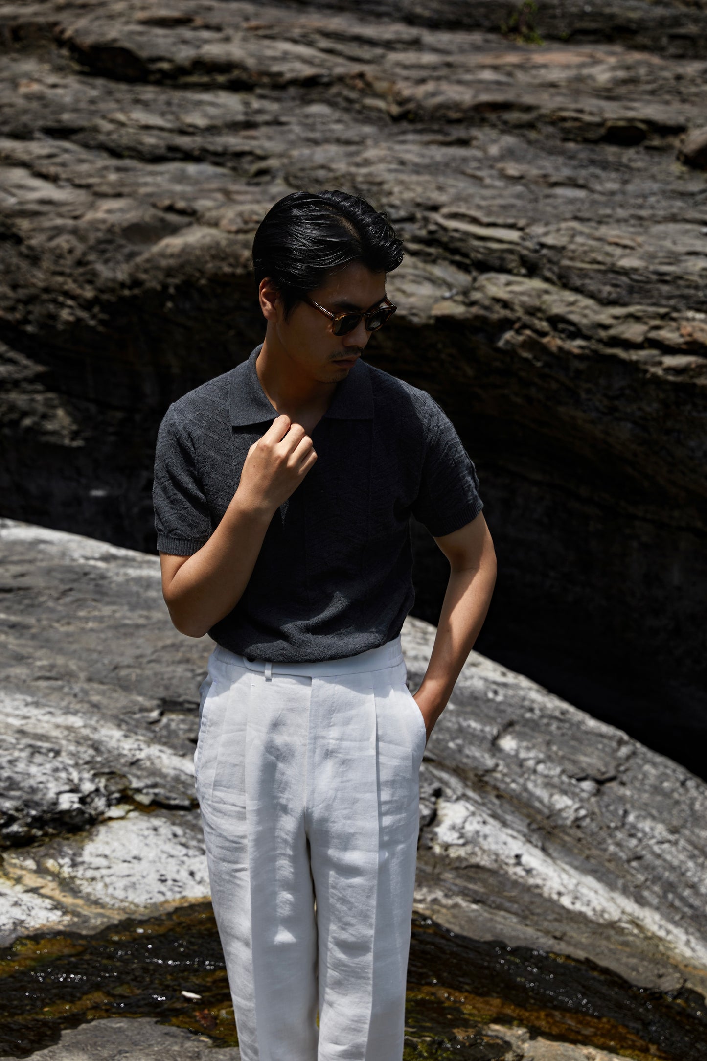 Pine-Texture High-Twist Cotton Short-Sleeve Polo — Miststone Grey