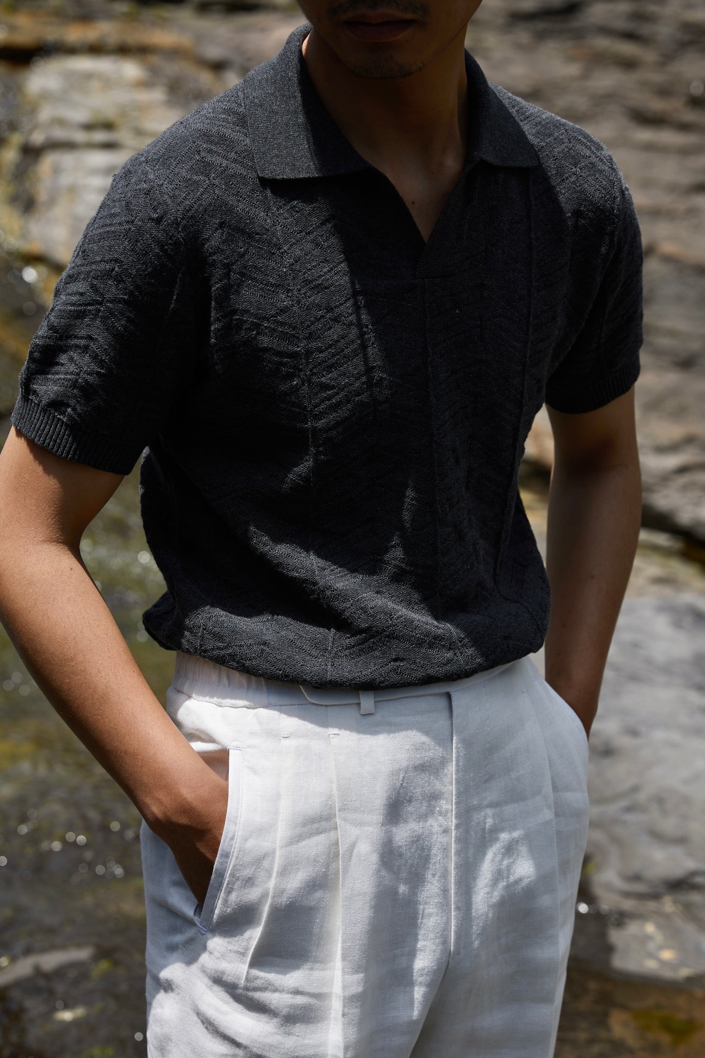 Pine-Texture High-Twist Cotton Short-Sleeve Polo — Miststone Grey