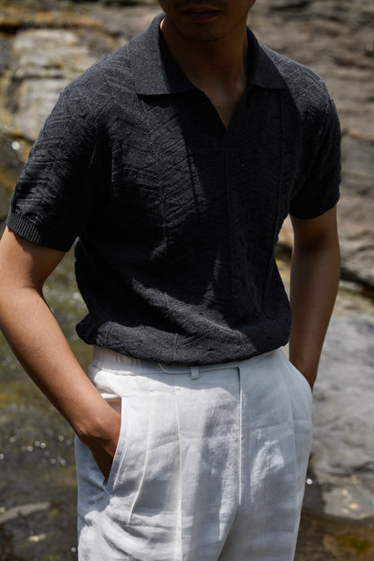 Pine-Texture High-Twist Cotton Short-Sleeve Polo — Miststone Grey