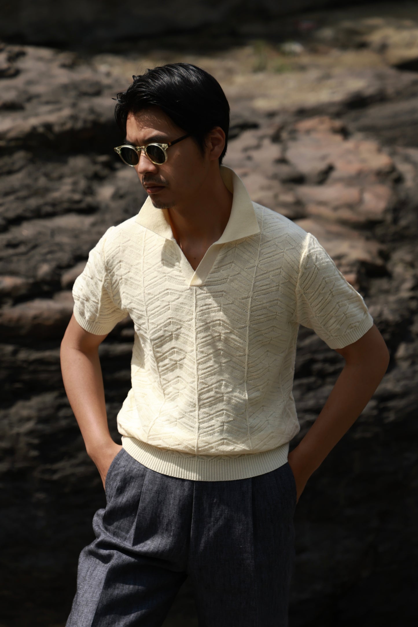 Pine-Texture High-Twist Cotton Short-Sleeve Polo — Limestone Ivory