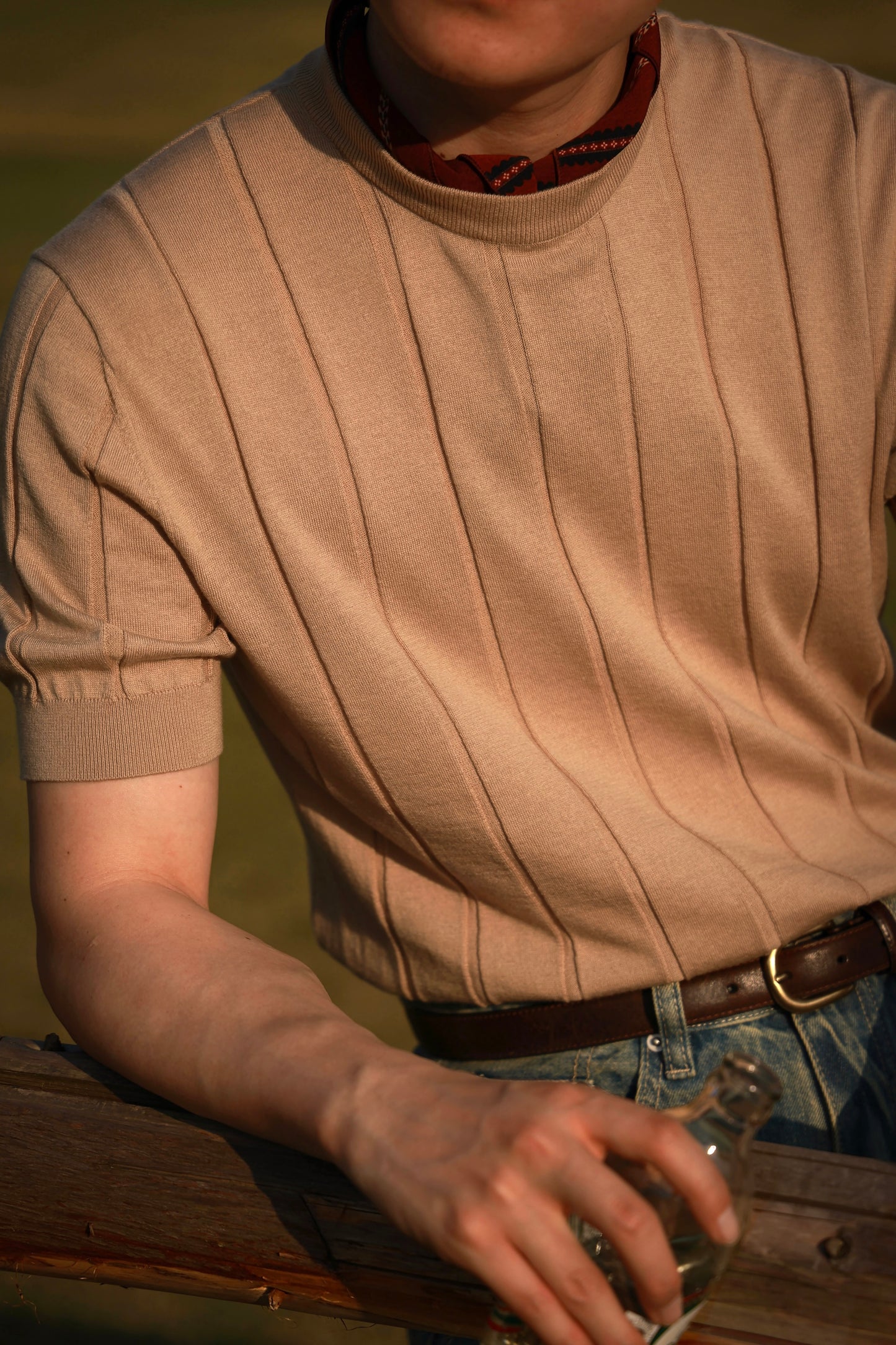 Cotton-Lyocell Blend Ribbed Unisex Knit Short-Sleeve T-Shirt — Oat Latte