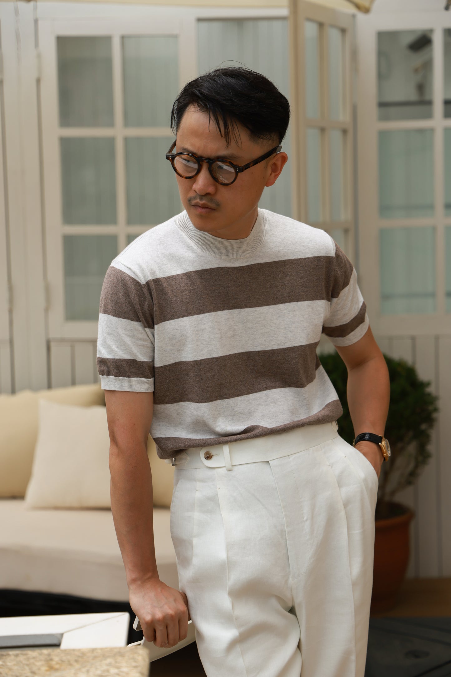 Cashmere-Cotton Knit Mock Neck T-Shirt — Kiln Brown Stripe