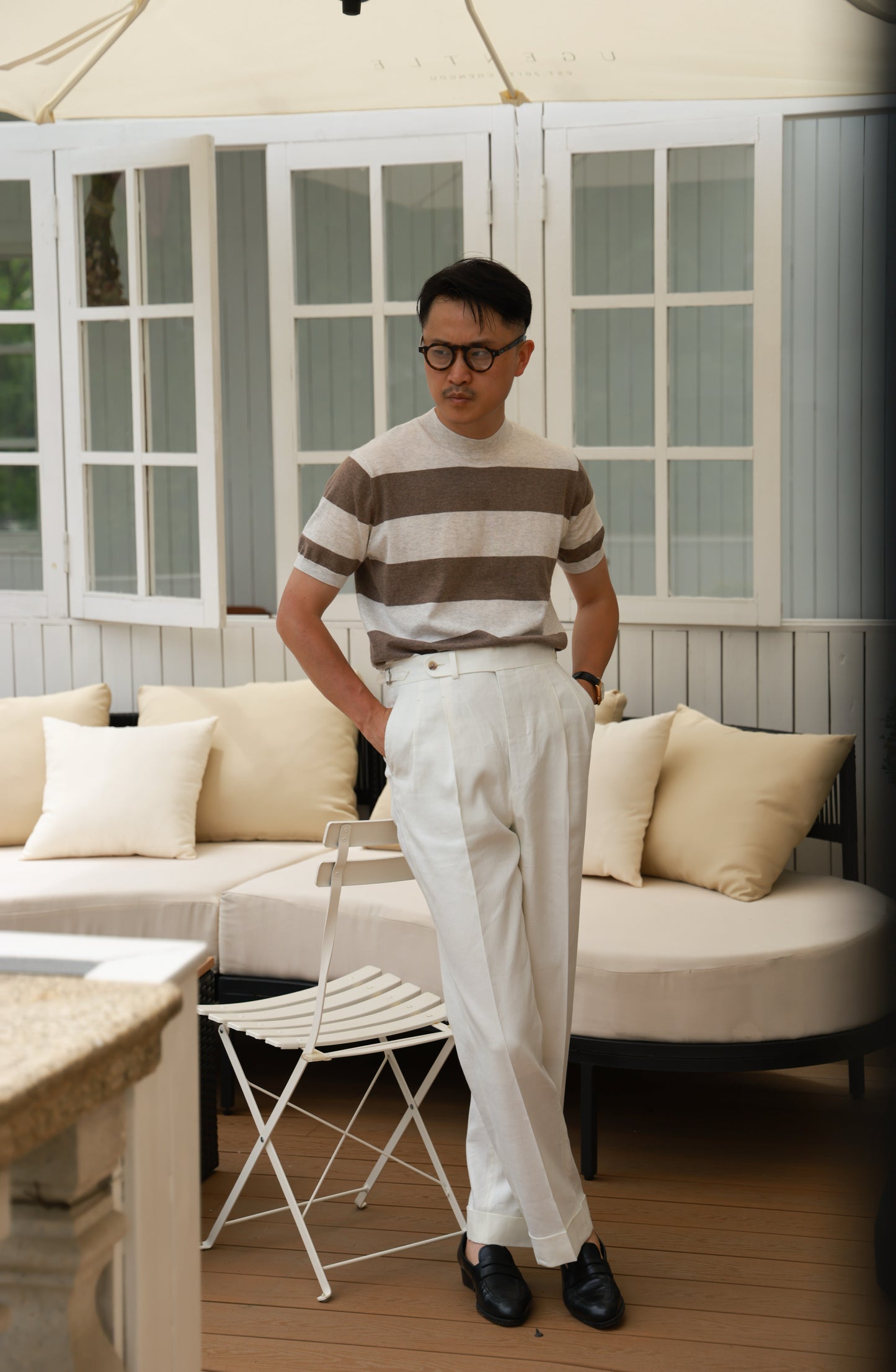 Cashmere-Cotton Knit Mock Neck T-Shirt — Kiln Brown Stripe