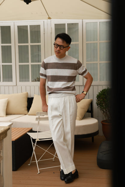 Cashmere-Cotton Knit Mock Neck T-Shirt — Kiln Brown Stripe