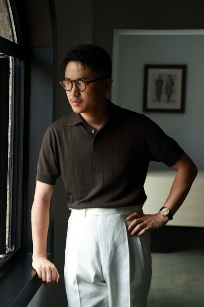 Lyocell-Cotton Linen Blend Ribbed Knit Polo Shirt — Reef Brown