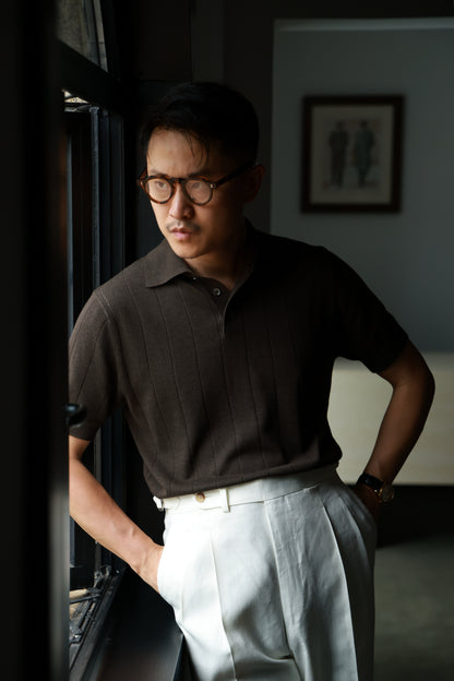 Lyocell-Cotton Linen Blend Ribbed Knit Polo Shirt — Reef Brown