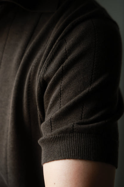 Lyocell-Cotton Linen Blend Ribbed Knit Polo Shirt — Reef Brown