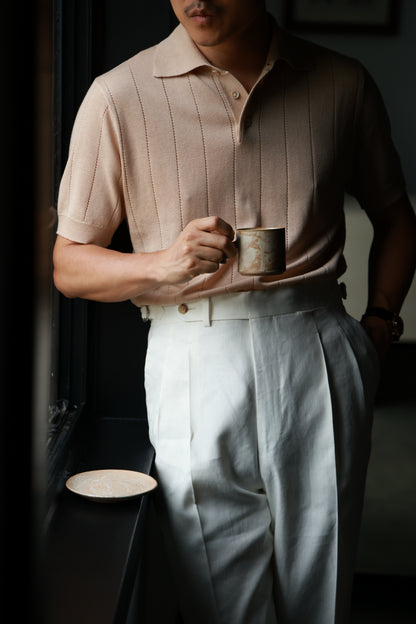 Lyocell-Cotton Linen Blend Ribbed Knit Polo Shirt — Sand Beige