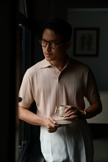 Lyocell-Cotton Linen Blend Ribbed Knit Polo Shirt — Sand Beige