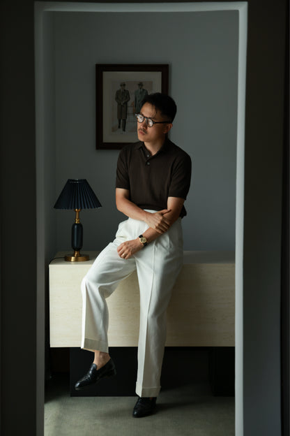 Lyocell-Cotton Linen Blend Ribbed Knit Polo Shirt — Sand Beige