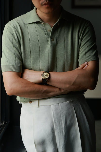 Lyocell-Cotton Linen Blend Ribbed Knit Polo Shirt — Matcha Green