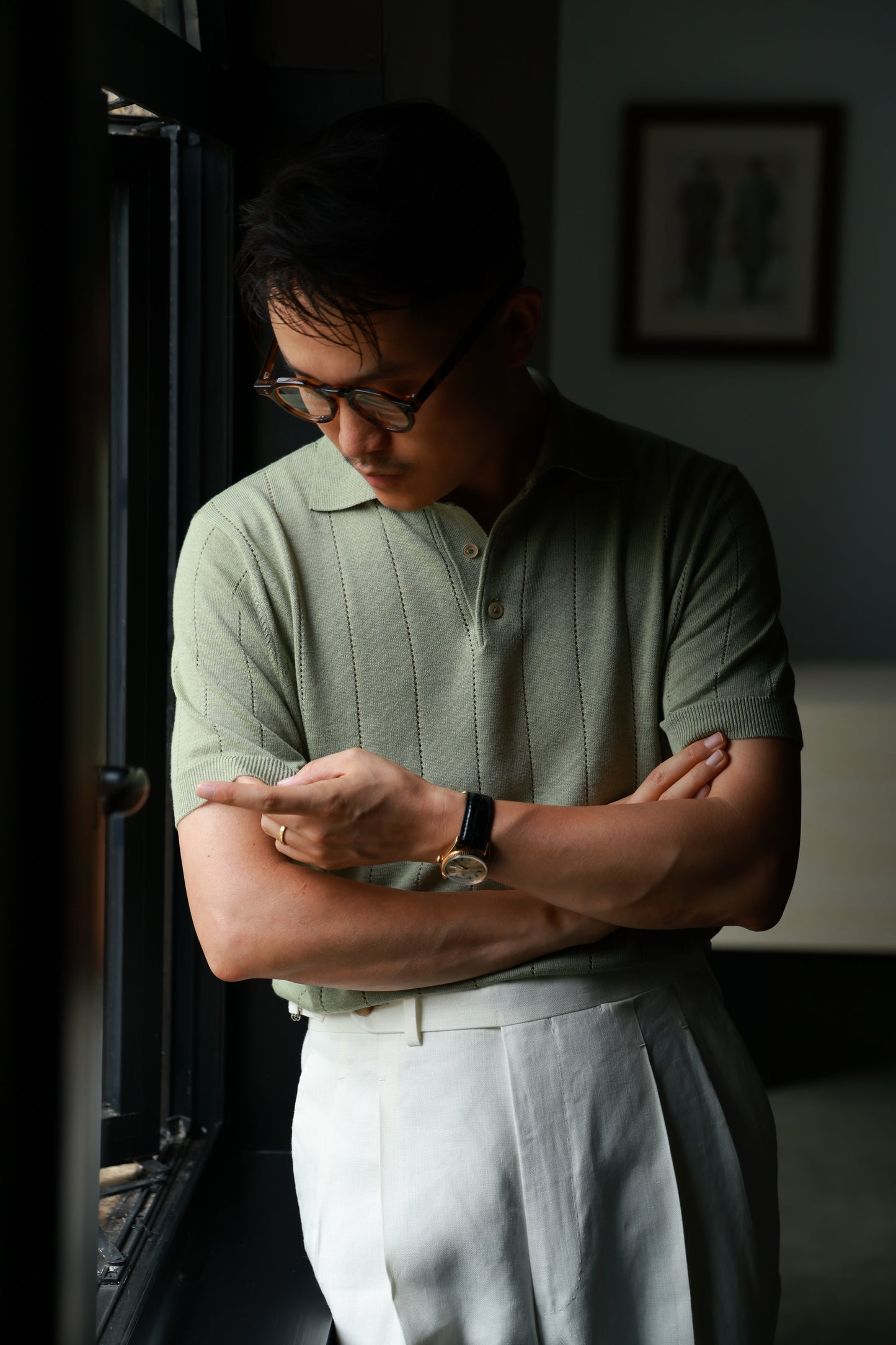 Lyocell-Cotton Linen Blend Ribbed Knit Polo Shirt — Matcha Green