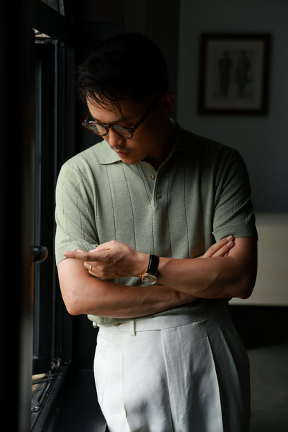 Lyocell-Cotton Linen Blend Ribbed Knit Polo Shirt — Matcha Green