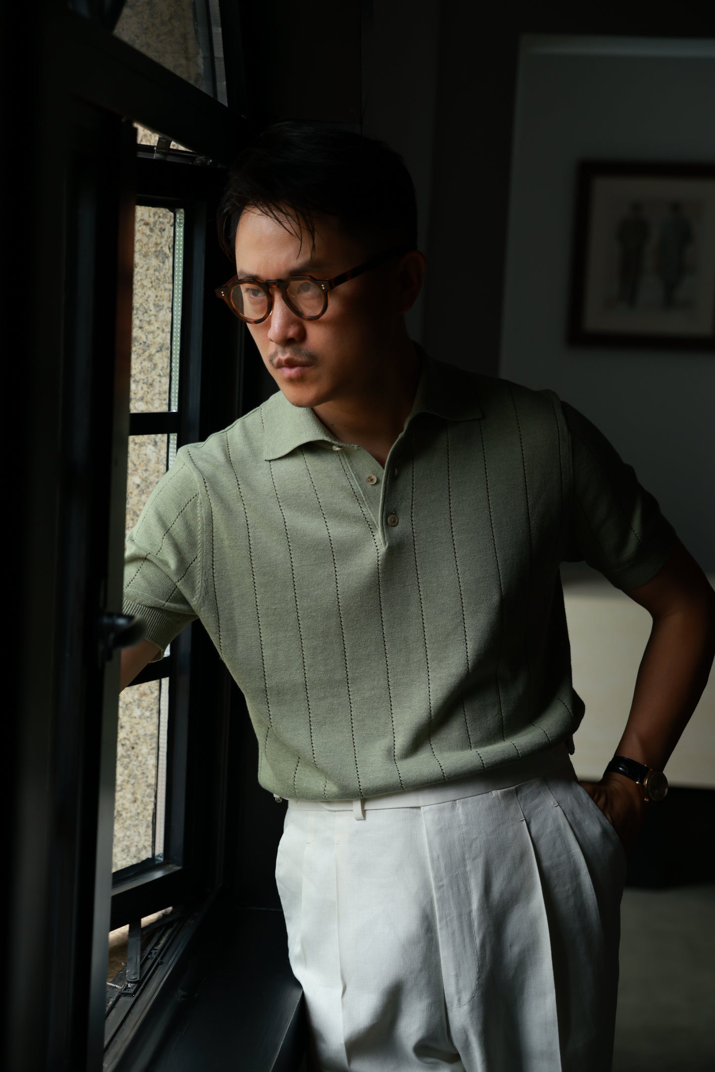 Lyocell-Cotton Linen Blend Ribbed Knit Polo Shirt — Matcha Green