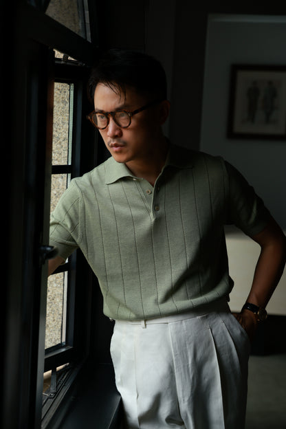 Lyocell-Cotton Linen Blend Ribbed Knit Polo Shirt — Matcha Green