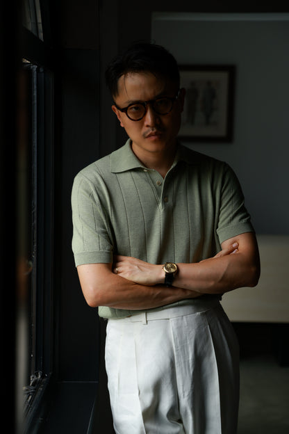 Lyocell-Cotton Linen Blend Ribbed Knit Polo Shirt — Matcha Green