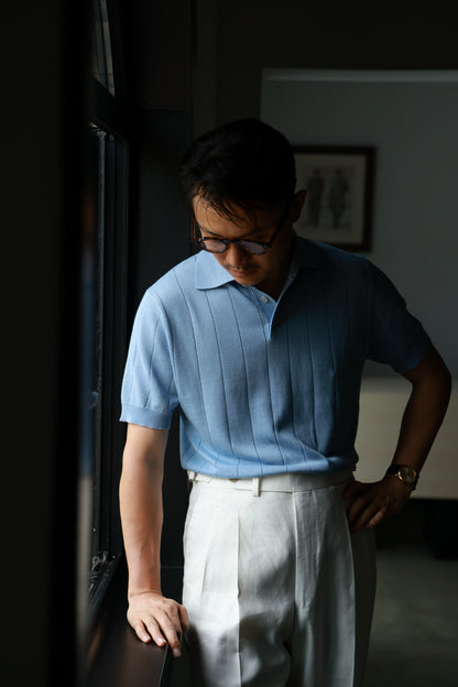 Lyocell-Cotton Linen Blend Ribbed Knit Polo Shirt — Bay Blue