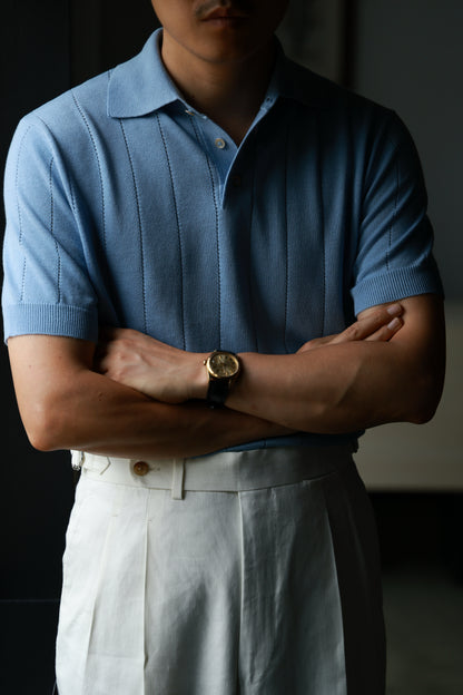 Lyocell-Cotton Linen Blend Ribbed Knit Polo Shirt — Bay Blue