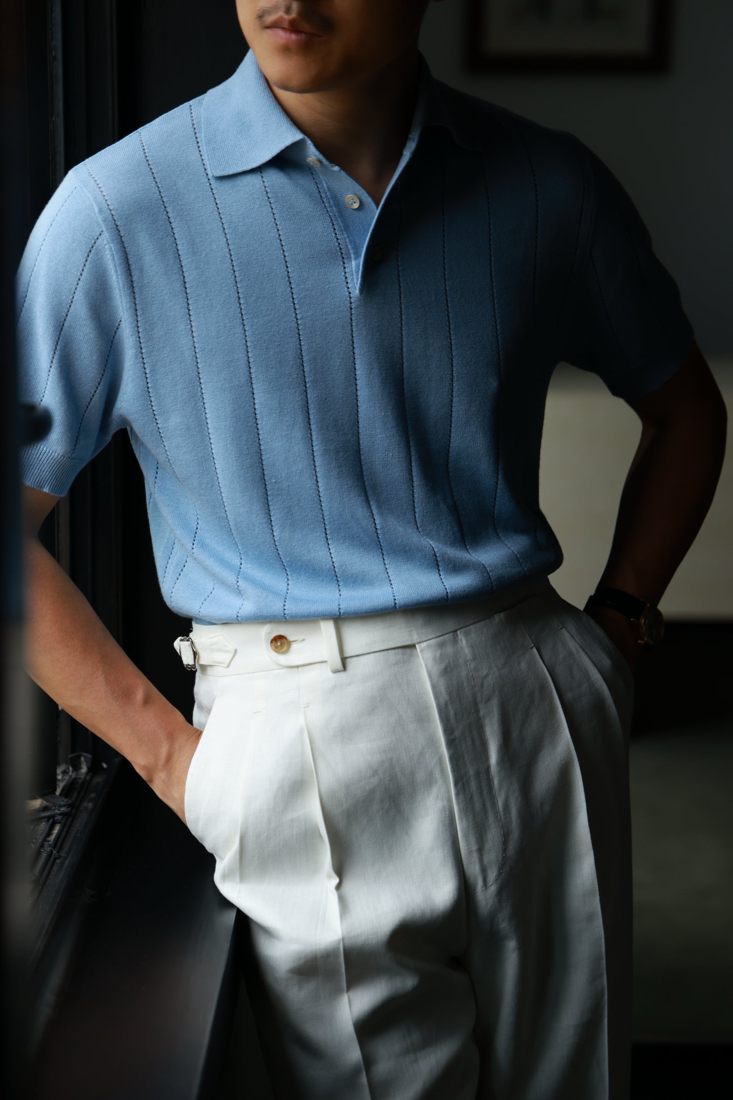 Lyocell-Cotton Linen Blend Ribbed Knit Polo Shirt — Bay Blue