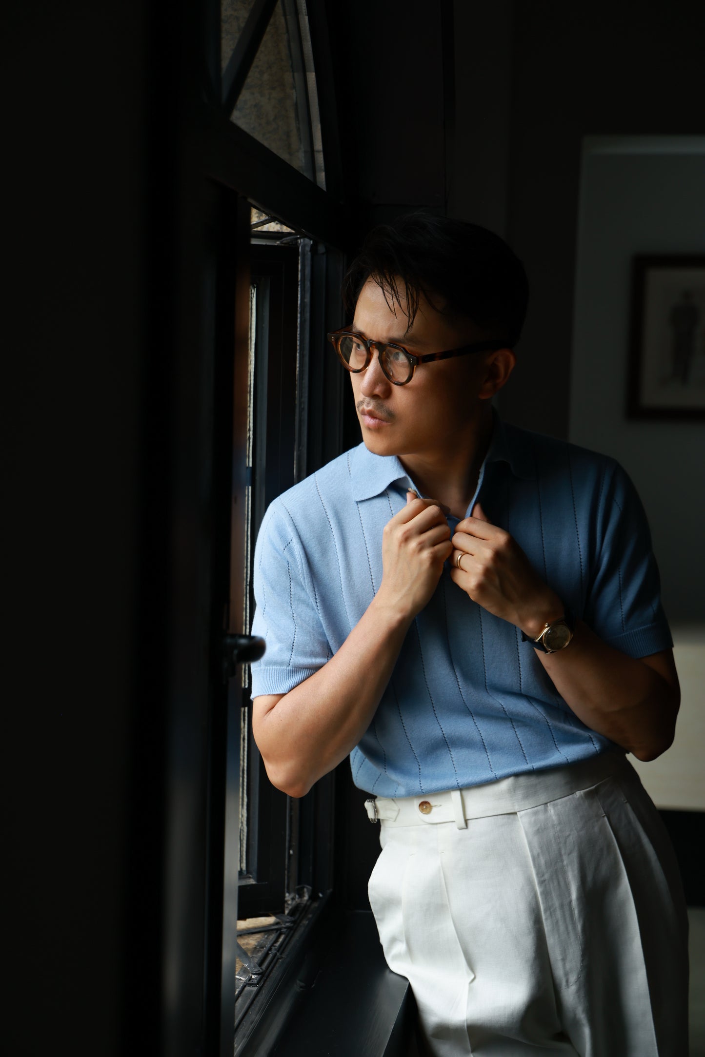 Lyocell-Cotton Linen Blend Ribbed Knit Polo Shirt — Bay Blue
